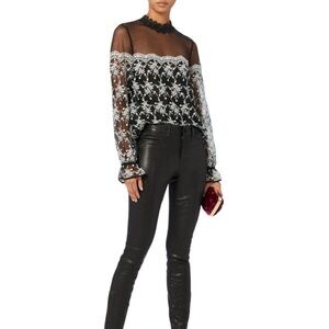 INTERMIX Amira Embroidered Blouse Lace Longsleeve High Turtle Neck Small P